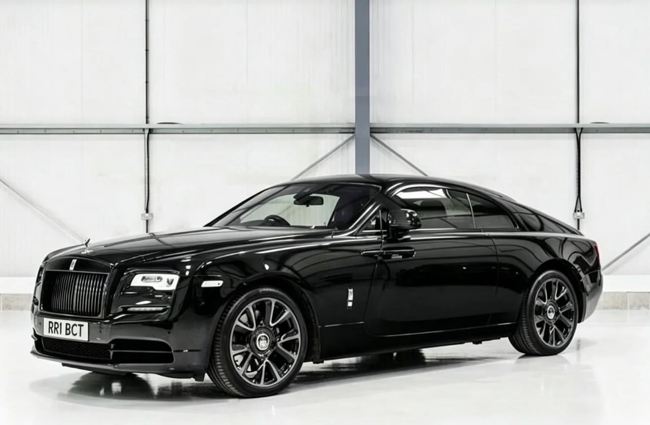 Black Rolls-Royce Wraith coupe — studio three-quarter view