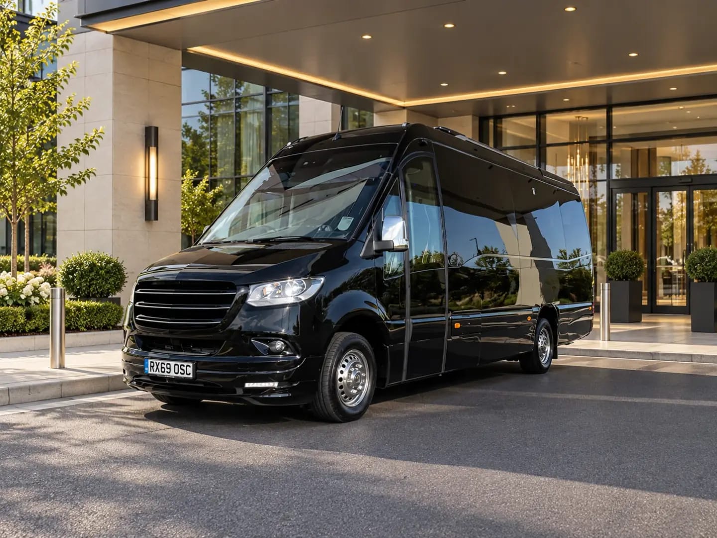 Black executive minibus waiting under a hotel canopy between stops on a multi-day corporate roadshow