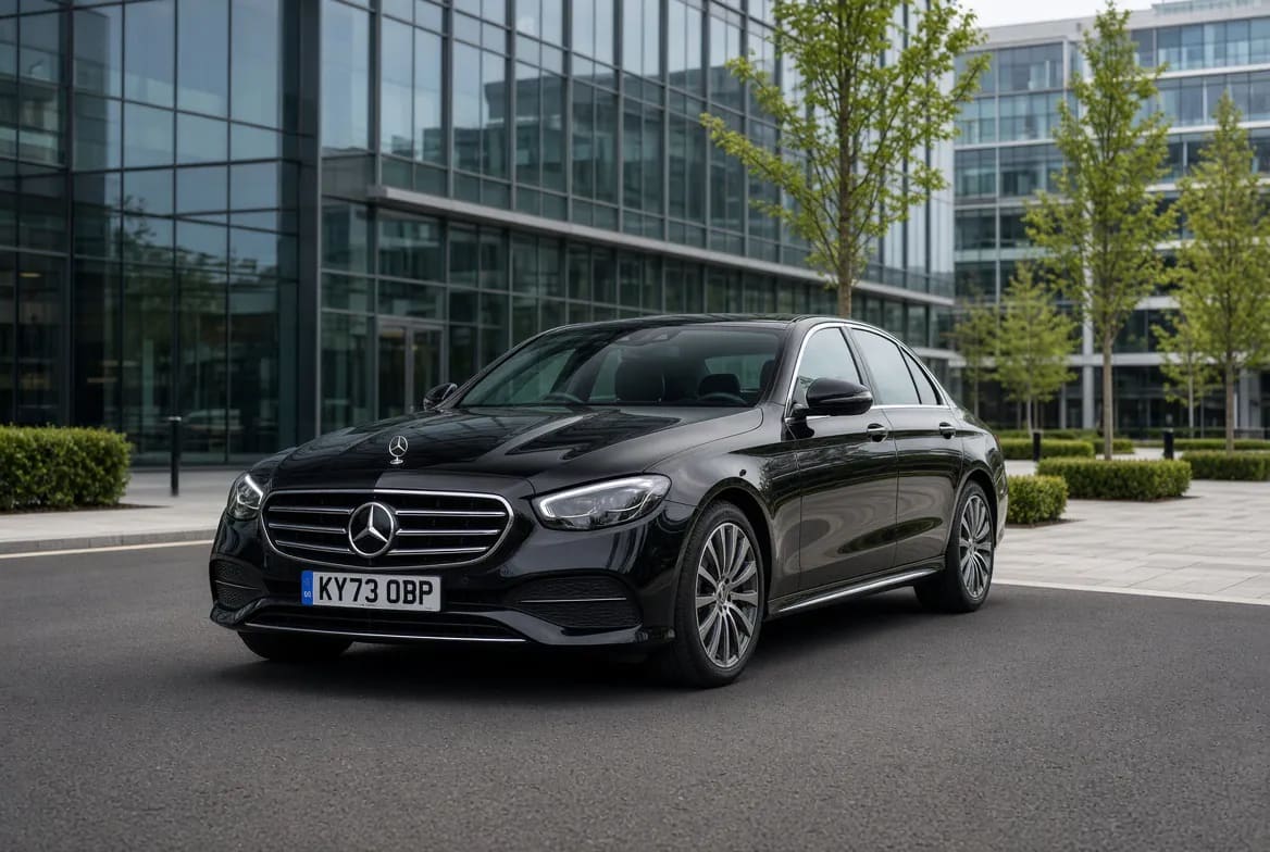 Black Mercedes executive saloon parked outside a glass-fronted UK office building ready for a corporate roadshow