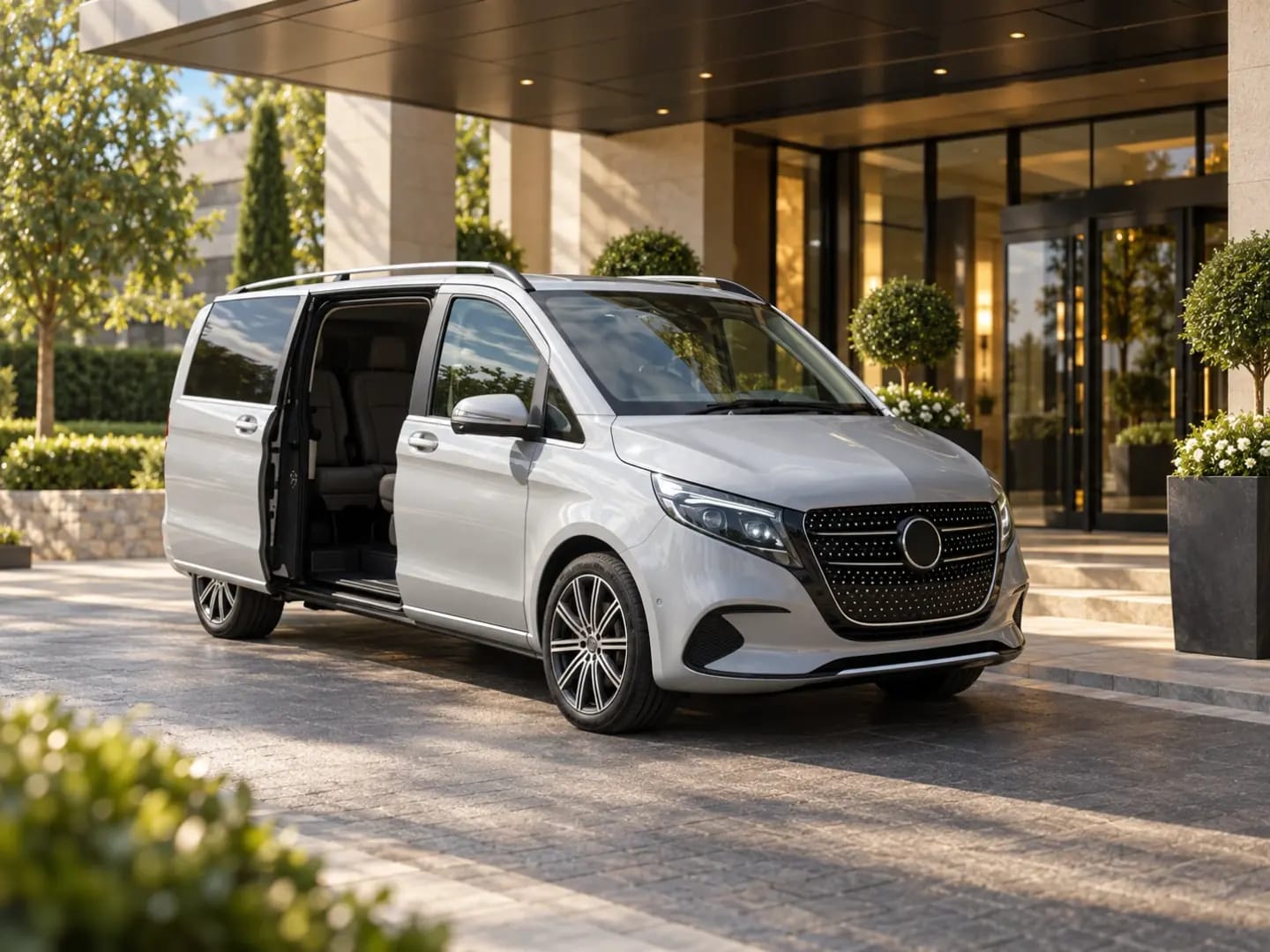 Mercedes V-Class executive MPV with its side door open at a hotel entrance, ready to collect a small leadership team